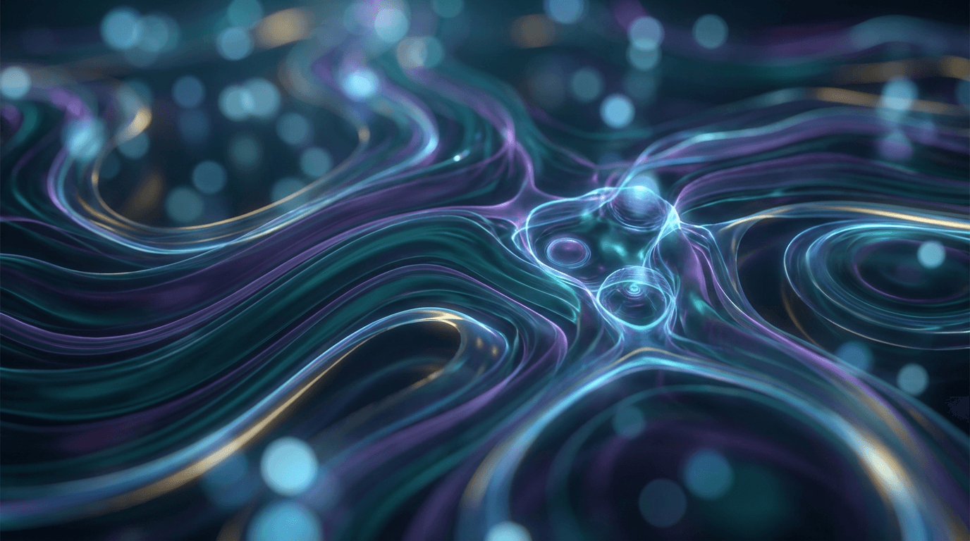 Abstract digital landscape with flowing blue and purple light streams, bokeh spheres, and ethereal gradient data visualization.