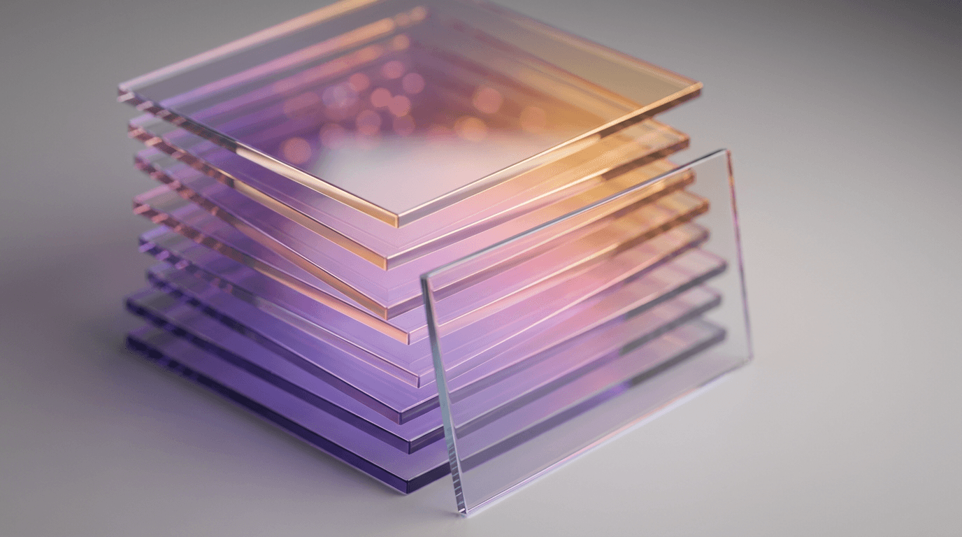 Stacked translucent glass planes with purple-to-orange gradients, lit with soft studio lighting and subtle bokeh blur.