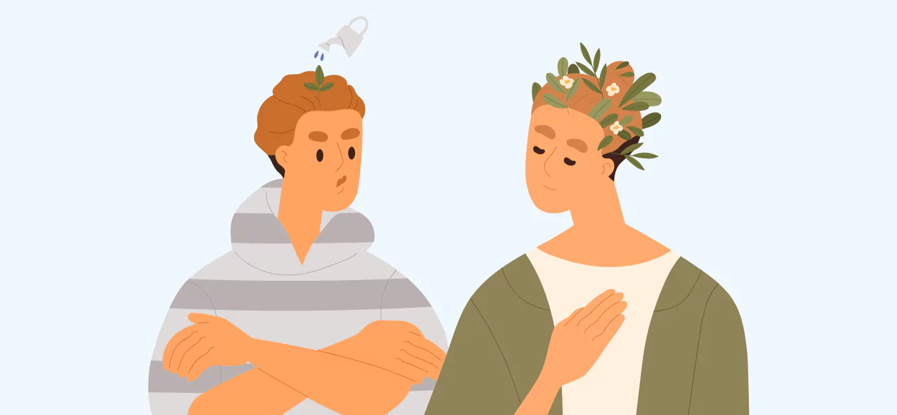 Two figures representing personal growth, one watering a sprout and another with a floral crown.