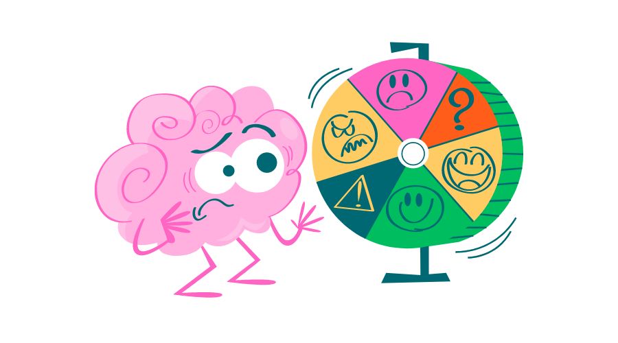 Anxious pink brain character looking at a spinning wheel of various emotions and symbols.