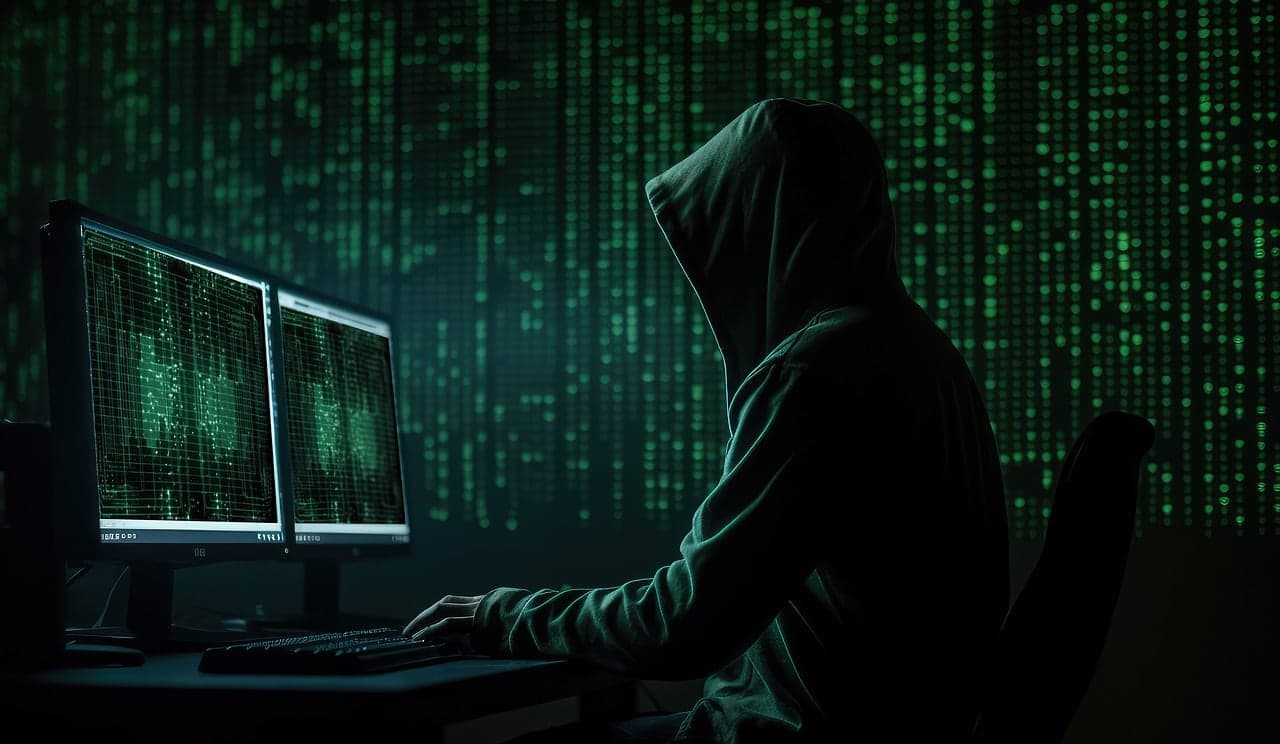 Hooded person typing at dual monitors with a background of falling green digital code.